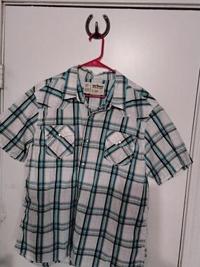 urban pipeline White, Teal & Black Plaid Short Sleeve Button-Up Shirt